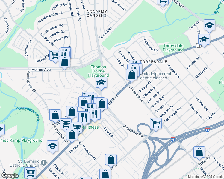 map of restaurants, bars, coffee shops, grocery stores, and more near 9130 Academy Road in Philadelphia