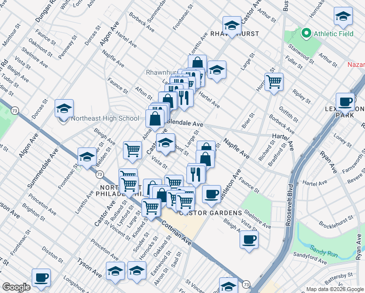 map of restaurants, bars, coffee shops, grocery stores, and more near 2101 Faunce Street in Philadelphia