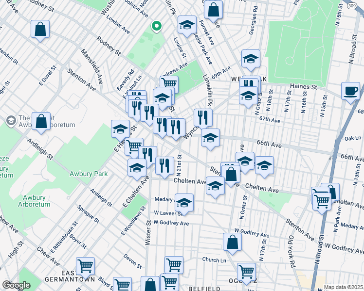 map of restaurants, bars, coffee shops, grocery stores, and more near 6545 Wyncote Avenue in Philadelphia