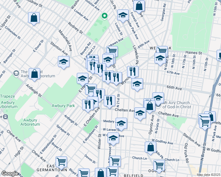 map of restaurants, bars, coffee shops, grocery stores, and more near 2121 Stenton Avenue in Philadelphia