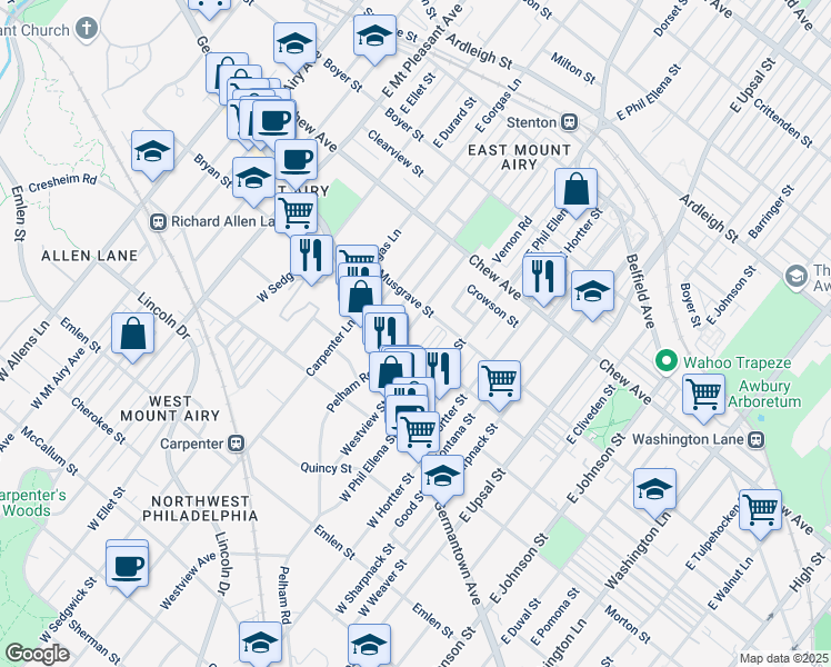 map of restaurants, bars, coffee shops, grocery stores, and more near 66 Slocum Street in Philadelphia
