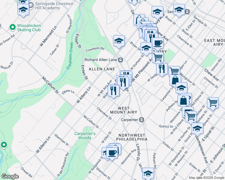 map of restaurants, bars, coffee shops, grocery stores, and more near 350 West Mount Airy Avenue in Philadelphia