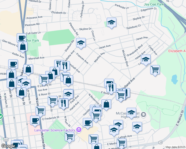 map of restaurants, bars, coffee shops, grocery stores, and more near 701 Martha Ave in Lancaster