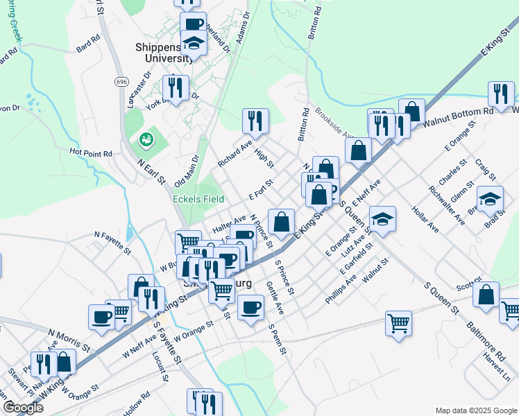map of restaurants, bars, coffee shops, grocery stores, and more near 109 North Washington Street in Shippensburg
