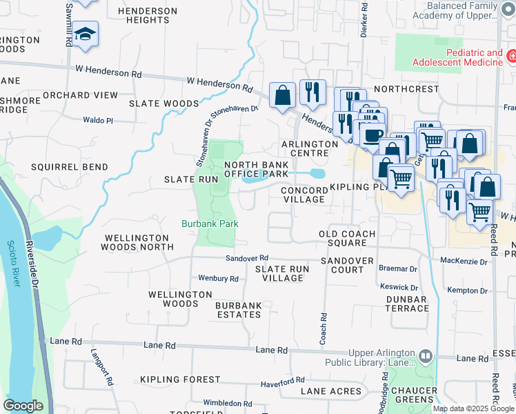 map of restaurants, bars, coffee shops, grocery stores, and more near 4875 Mannboro Drive in Columbus