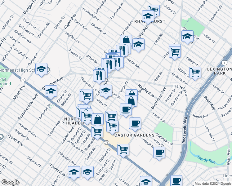 map of restaurants, bars, coffee shops, grocery stores, and more near 2039 Oakmont Street in Philadelphia