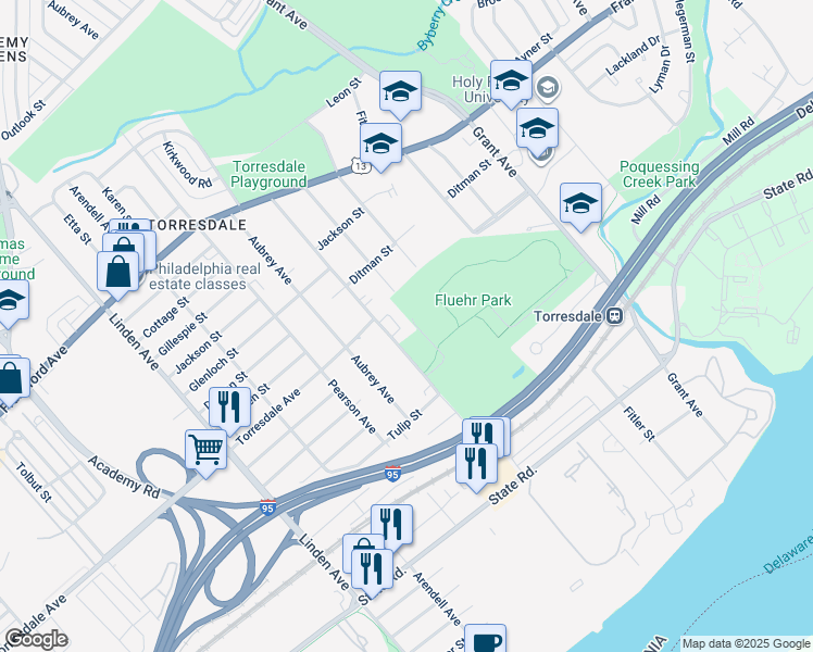 map of restaurants, bars, coffee shops, grocery stores, and more near 4715 Convent Place in Philadelphia