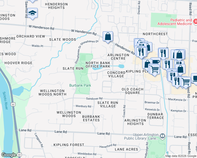 map of restaurants, bars, coffee shops, grocery stores, and more near 4875 Mannboro Drive in Columbus