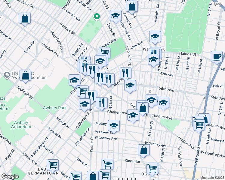 map of restaurants, bars, coffee shops, grocery stores, and more near 6545 Wyncote Avenue in Philadelphia