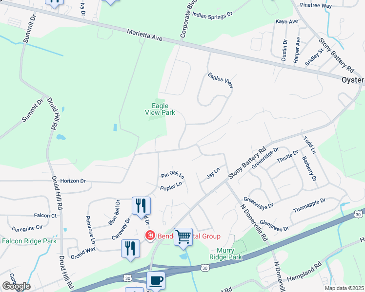 map of restaurants, bars, coffee shops, grocery stores, and more near 501 Bald Eagle Court in Lancaster