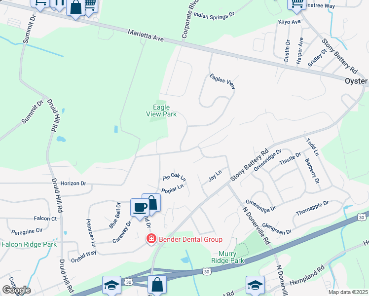 map of restaurants, bars, coffee shops, grocery stores, and more near 501 Bald Eagle Court in Lancaster