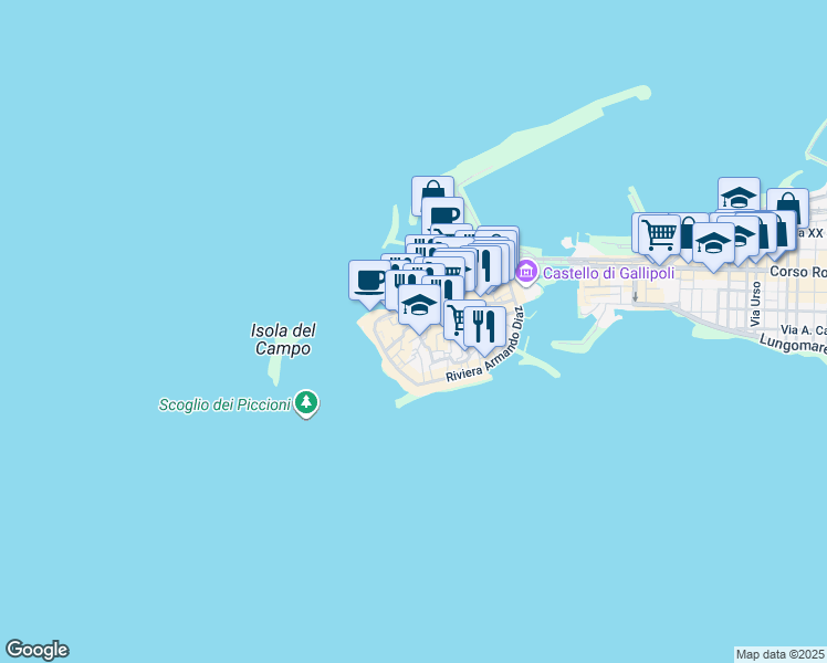 map of restaurants, bars, coffee shops, grocery stores, and more near 8 Via Stefano Catalano in Gallipoli