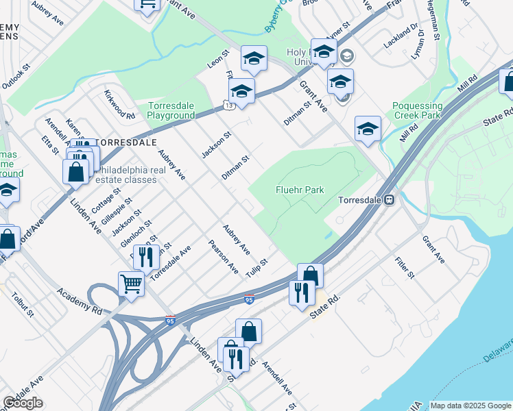 map of restaurants, bars, coffee shops, grocery stores, and more near 4715 Convent Place in Philadelphia