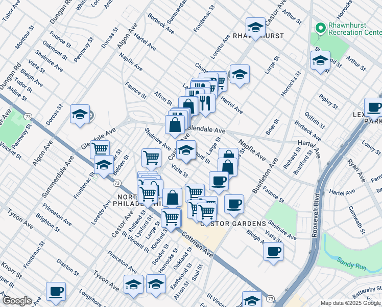 map of restaurants, bars, coffee shops, grocery stores, and more near 2020 Oakmont Street in Philadelphia