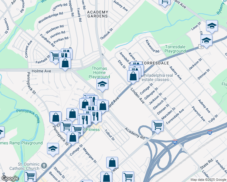 map of restaurants, bars, coffee shops, grocery stores, and more near 9130 Academy Road in Philadelphia