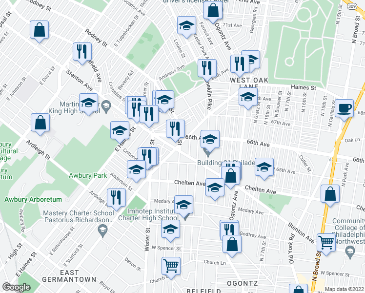 map of restaurants, bars, coffee shops, grocery stores, and more near 6547 Wyncote Avenue in Philadelphia