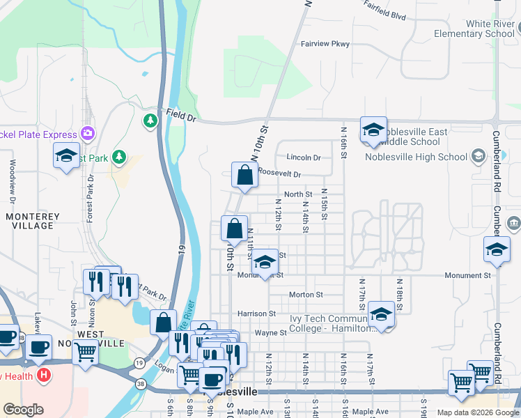map of restaurants, bars, coffee shops, grocery stores, and more near 1151 North Street in Noblesville