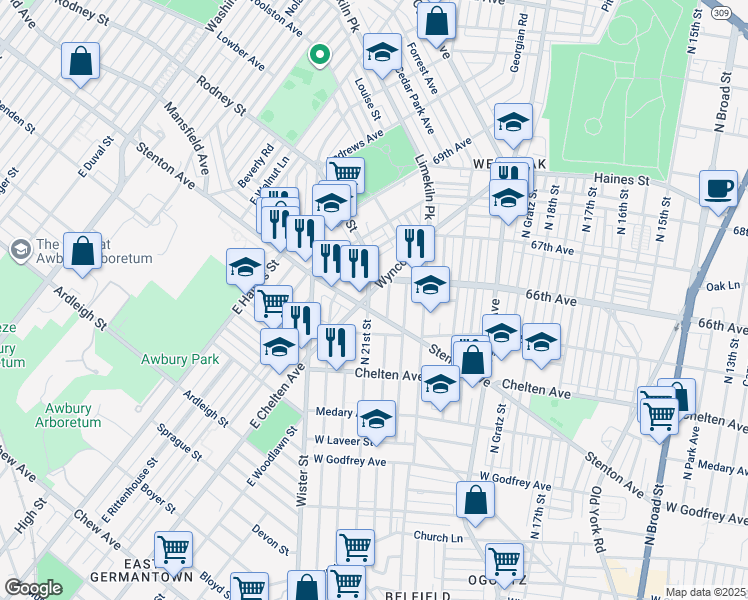 map of restaurants, bars, coffee shops, grocery stores, and more near 6547 Wyncote Avenue in Philadelphia