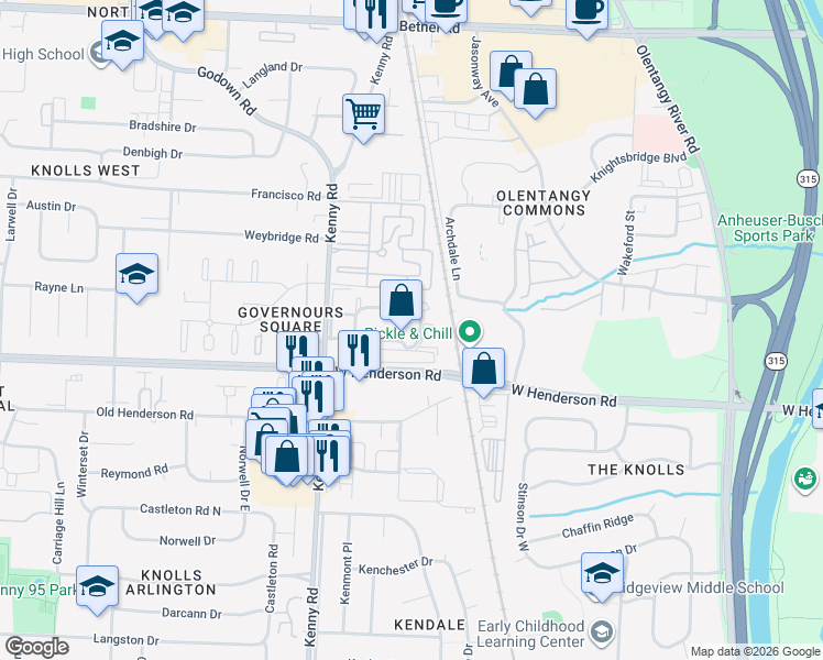 map of restaurants, bars, coffee shops, grocery stores, and more near 4655 Merrimar Circle East in Columbus