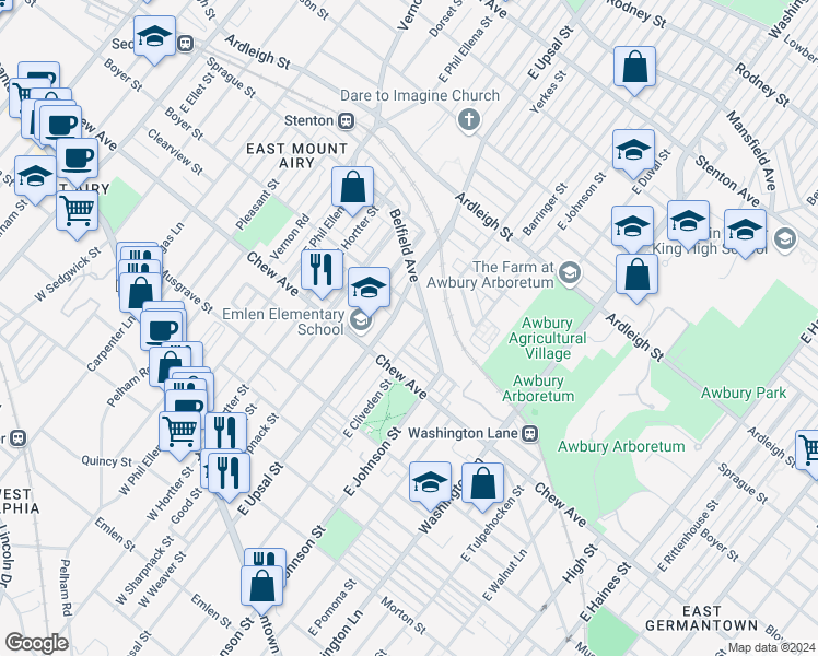 map of restaurants, bars, coffee shops, grocery stores, and more near 393 East Cliveden Street in Philadelphia