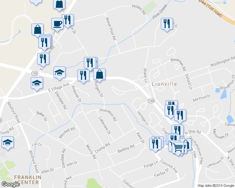 map of restaurants, bars, coffee shops, grocery stores, and more near 502 Worthington Drive in Exton