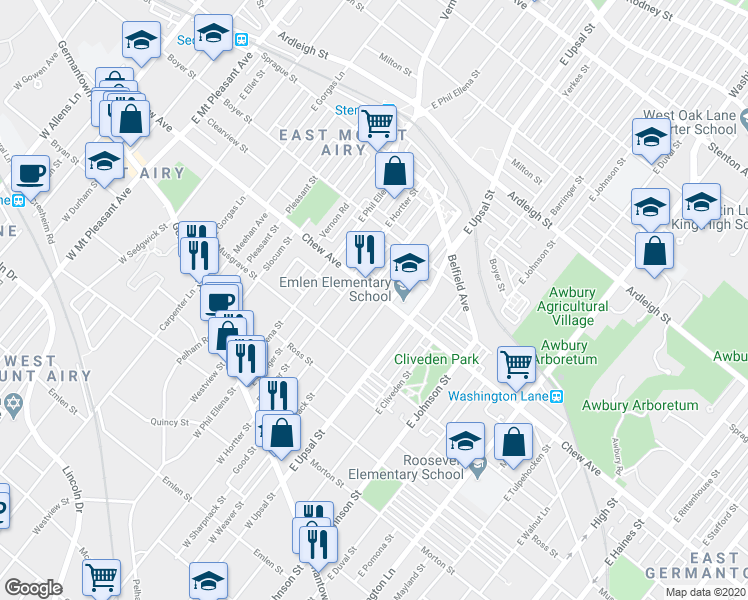 map of restaurants, bars, coffee shops, grocery stores, and more near 6612 Chew Avenue in Philadelphia