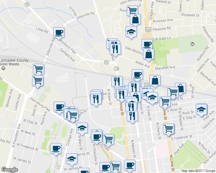 map of restaurants, bars, coffee shops, grocery stores, and more near 195 Stevens Street in Lancaster