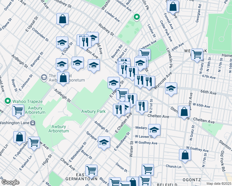 map of restaurants, bars, coffee shops, grocery stores, and more near 5851 Crittenden Street in Philadelphia