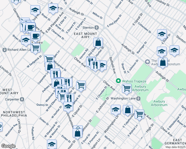 map of restaurants, bars, coffee shops, grocery stores, and more near 6612 Chew Avenue in Philadelphia