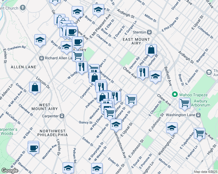 map of restaurants, bars, coffee shops, grocery stores, and more near 66 Slocum Street in Philadelphia