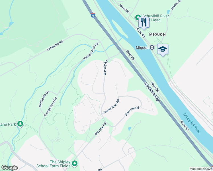 map of restaurants, bars, coffee shops, grocery stores, and more near 1617 Waverly Road in Gladwyne