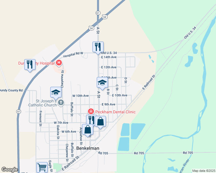 map of restaurants, bars, coffee shops, grocery stores, and more near 1101 B Street in Benkelman