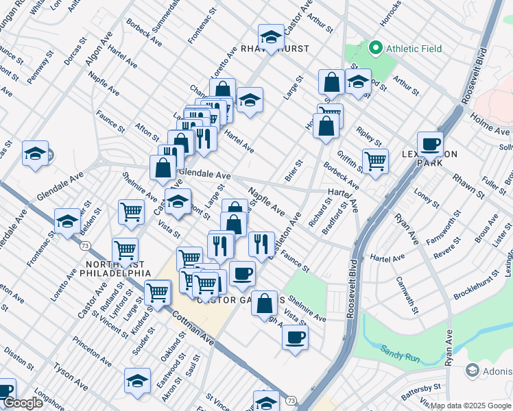 map of restaurants, bars, coffee shops, grocery stores, and more near 7625 Horrocks Street in Philadelphia