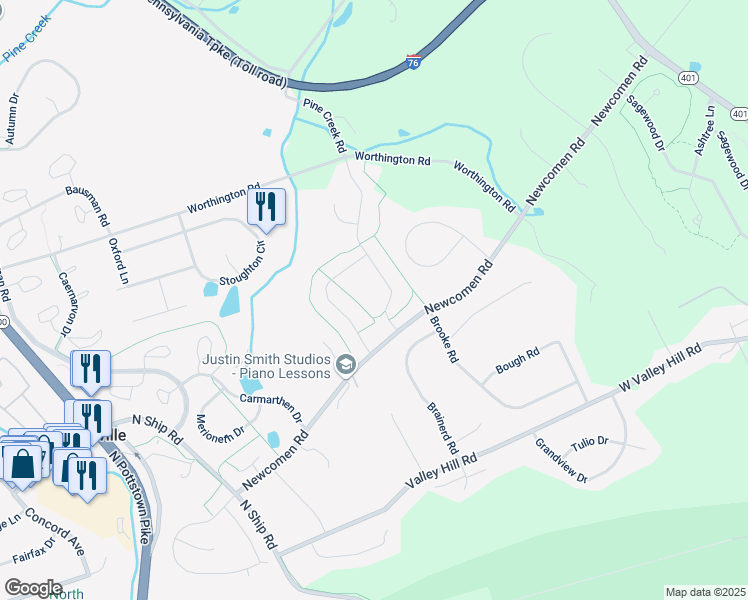 map of restaurants, bars, coffee shops, grocery stores, and more near 506 Pine Creek Road in Exton