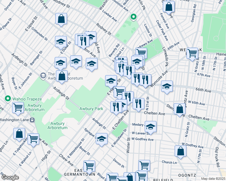 map of restaurants, bars, coffee shops, grocery stores, and more near 5853 Crittenden Street in Philadelphia
