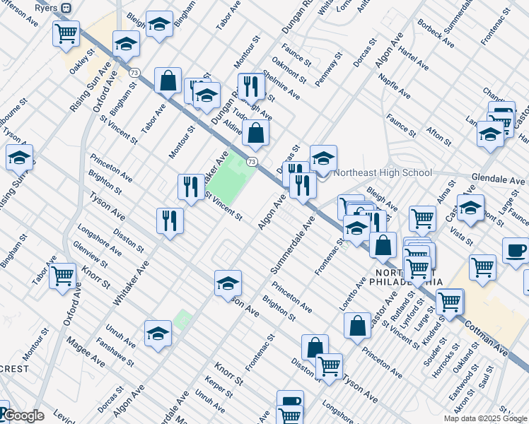 map of restaurants, bars, coffee shops, grocery stores, and more near 7228 Algon Ave in Philadelphia
