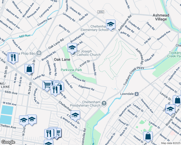 map of restaurants, bars, coffee shops, grocery stores, and more near 39 Meadow Lane in Oak Lane