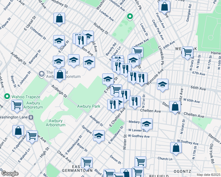 map of restaurants, bars, coffee shops, grocery stores, and more near 5851 Crittenden Street in Philadelphia