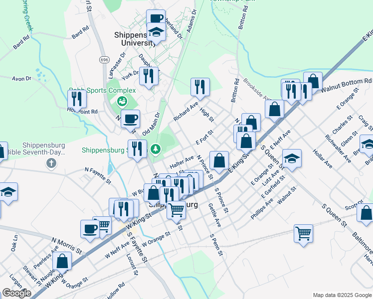 map of restaurants, bars, coffee shops, grocery stores, and more near 126 North Prince Street in Shippensburg