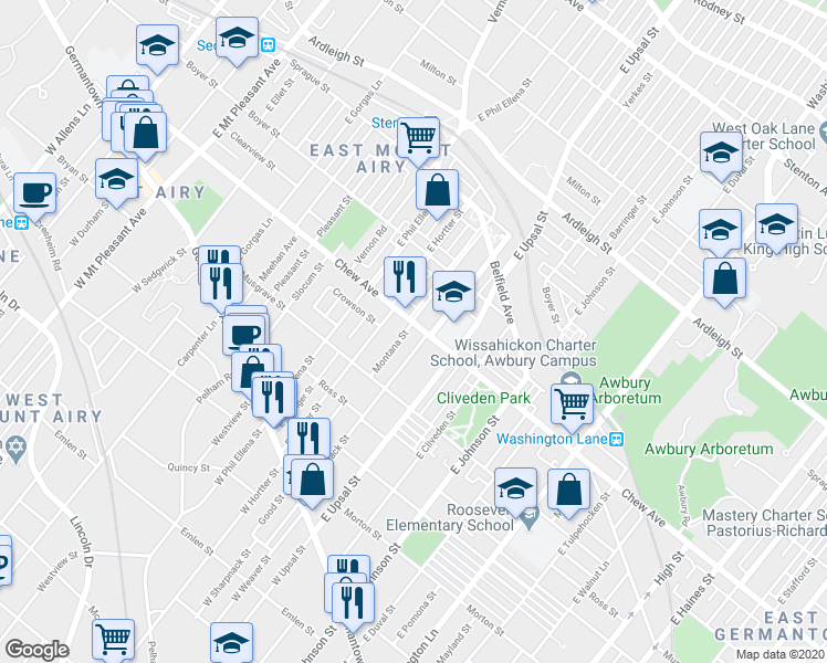 map of restaurants, bars, coffee shops, grocery stores, and more near 6614 Chew Avenue in Philadelphia