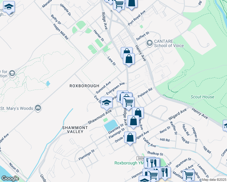 map of restaurants, bars, coffee shops, grocery stores, and more near 467 Evergreen Avenue in Philadelphia