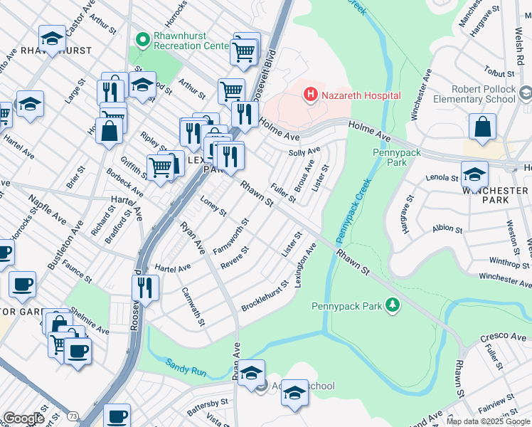map of restaurants, bars, coffee shops, grocery stores, and more near 7926 Revere Street in Philadelphia