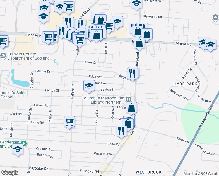 map of restaurants, bars, coffee shops, grocery stores, and more near 2243 Colfax Avenue in Columbus