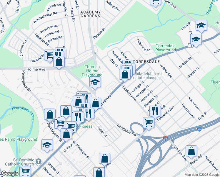map of restaurants, bars, coffee shops, grocery stores, and more near 9153 Ellie Drive in Philadelphia