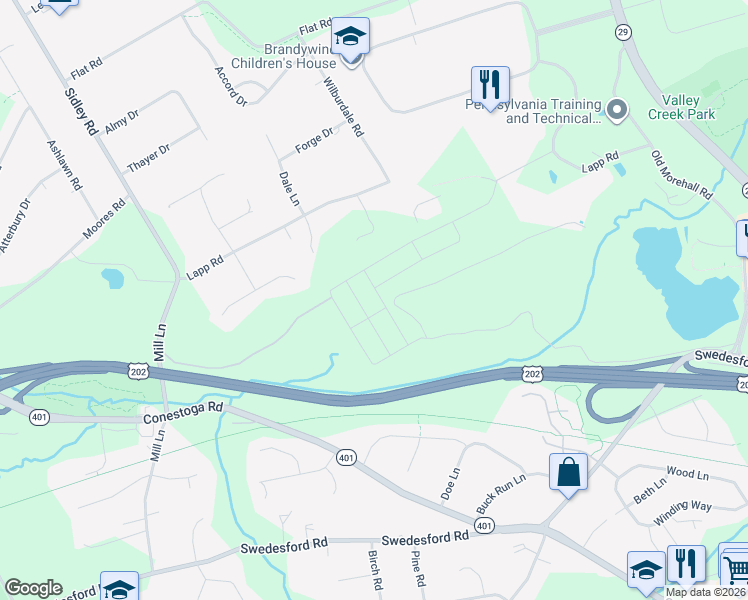 map of restaurants, bars, coffee shops, grocery stores, and more near 272 Lapp Road in Malvern