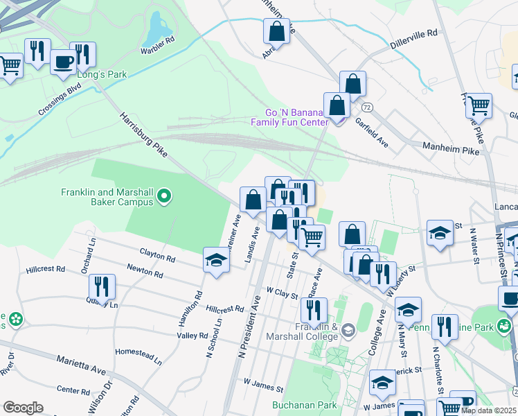 map of restaurants, bars, coffee shops, grocery stores, and more near 1229 Harrisburg Avenue in Lancaster