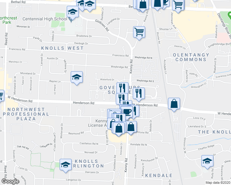 map of restaurants, bars, coffee shops, grocery stores, and more near Minuteman Ct in Columbus