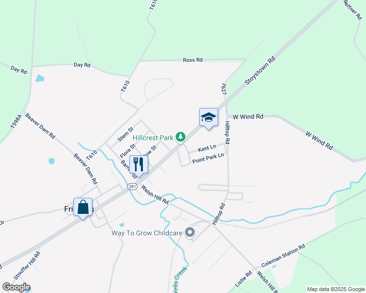 map of restaurants, bars, coffee shops, grocery stores, and more near 2317 Stoystown Road in Friedens