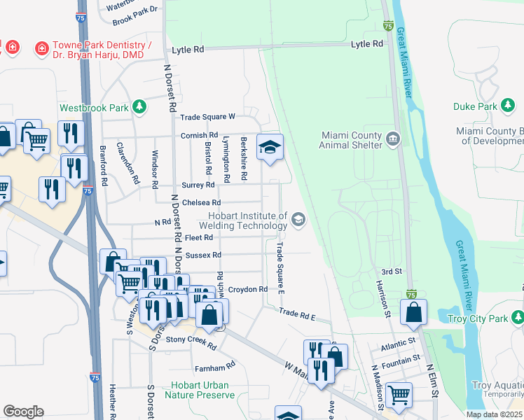 map of restaurants, bars, coffee shops, grocery stores, and more near 566 Trade Square West in Troy