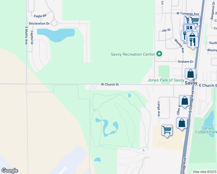 map of restaurants, bars, coffee shops, grocery stores, and more near 809 West Old Church Street in Savoy